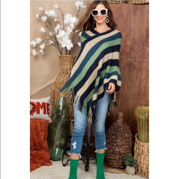 Tassel Bottom Striped Poncho - Picture 1 of 4